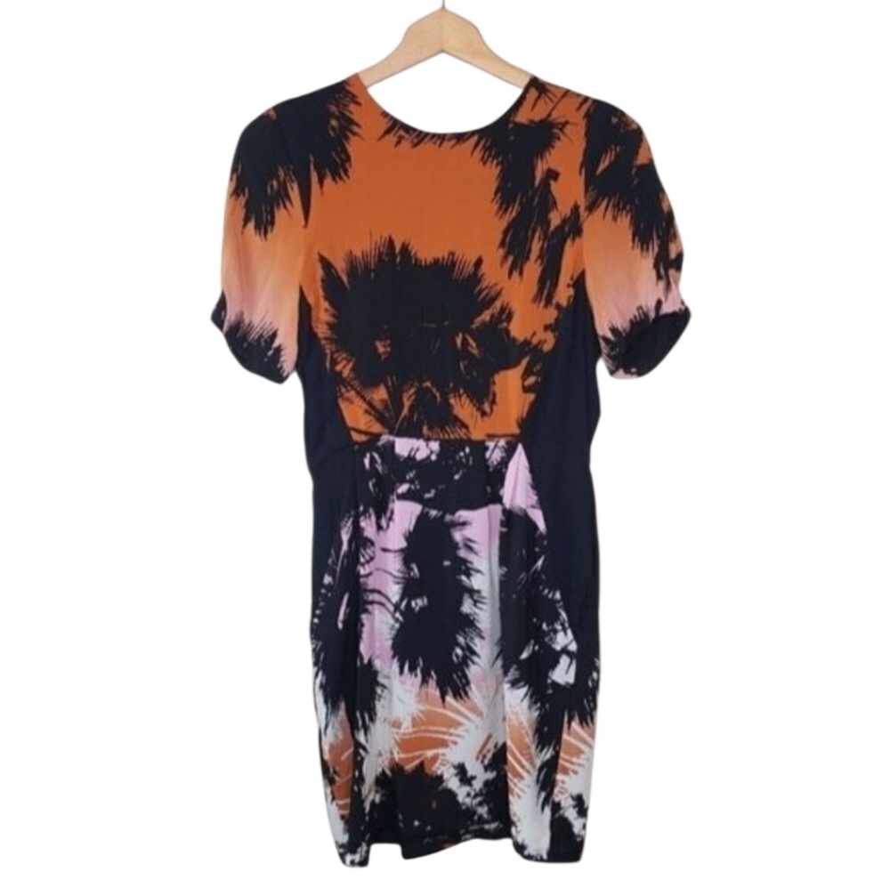 Line & Dot Abstract Tropical Print Silk Sheath Dress Size Small